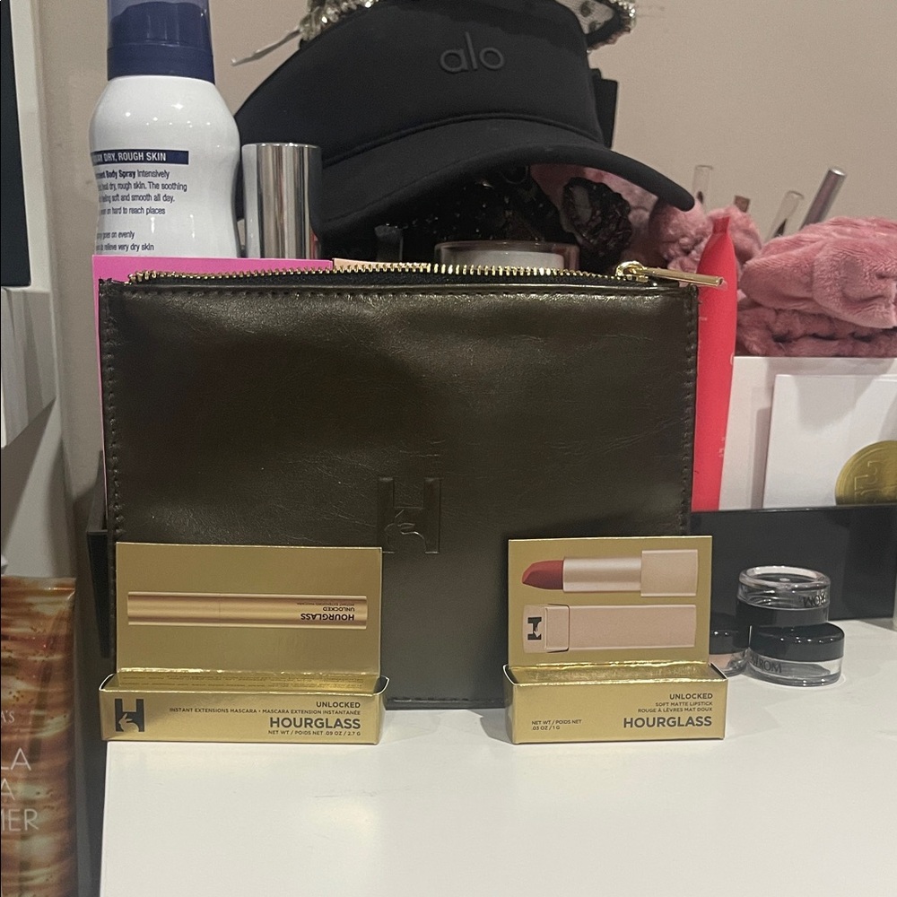 3 item bundle Hourglass Olive Pouch with Lipstick and Mascara